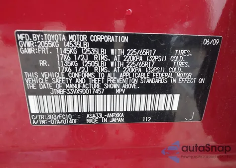 2009 Toyota Rav4 z USA, uszkodzony, nr VIN JTMBF33VX9D017457